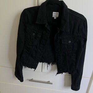 Cello: Petite Black Jean Jacket with Distressed Hem